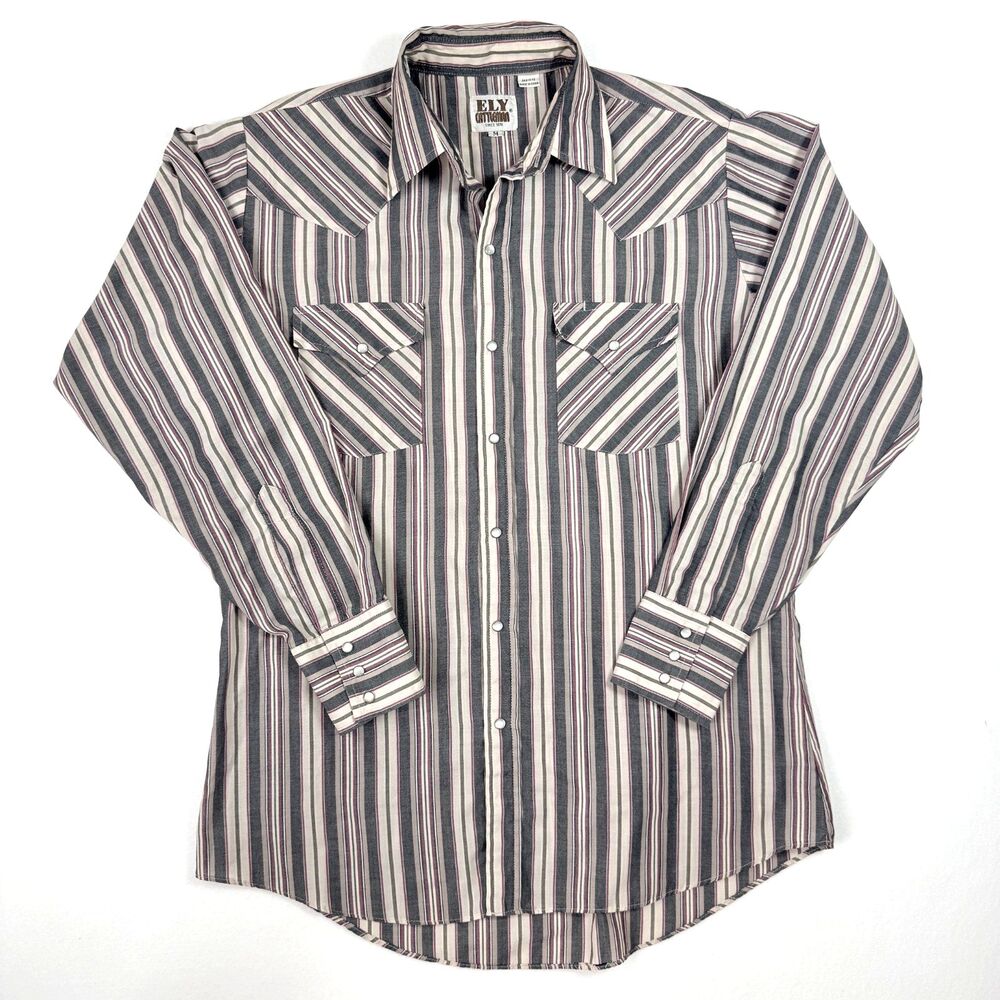 Ely Cattleman Men Med Pearl Snap Shirt Western Striped Long Sleeve Cotton Blend